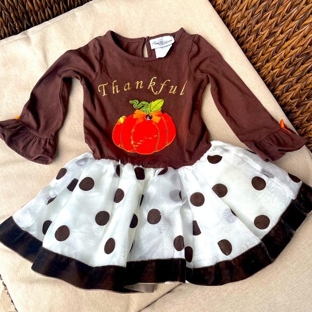 Rare Editions, Thankful, Long Sleeve, Brown, cream and Orange, Dress, 3T